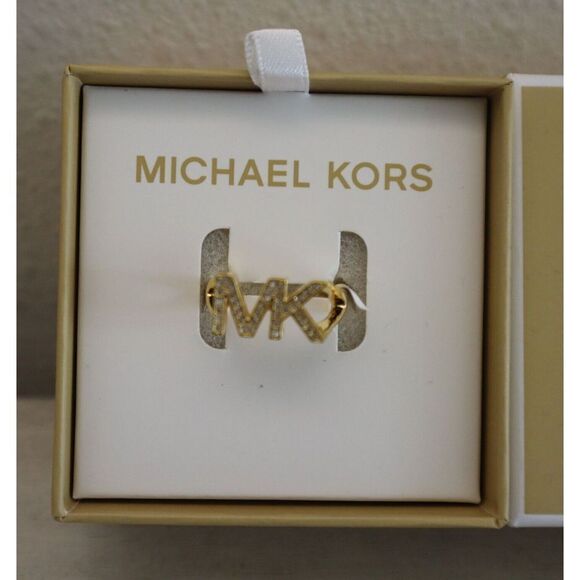 Michael Kors MKJX80277107 Women Sz 7 Gold Crystal Pavé MK Logo Fashion Ring - Picture 2 of 6